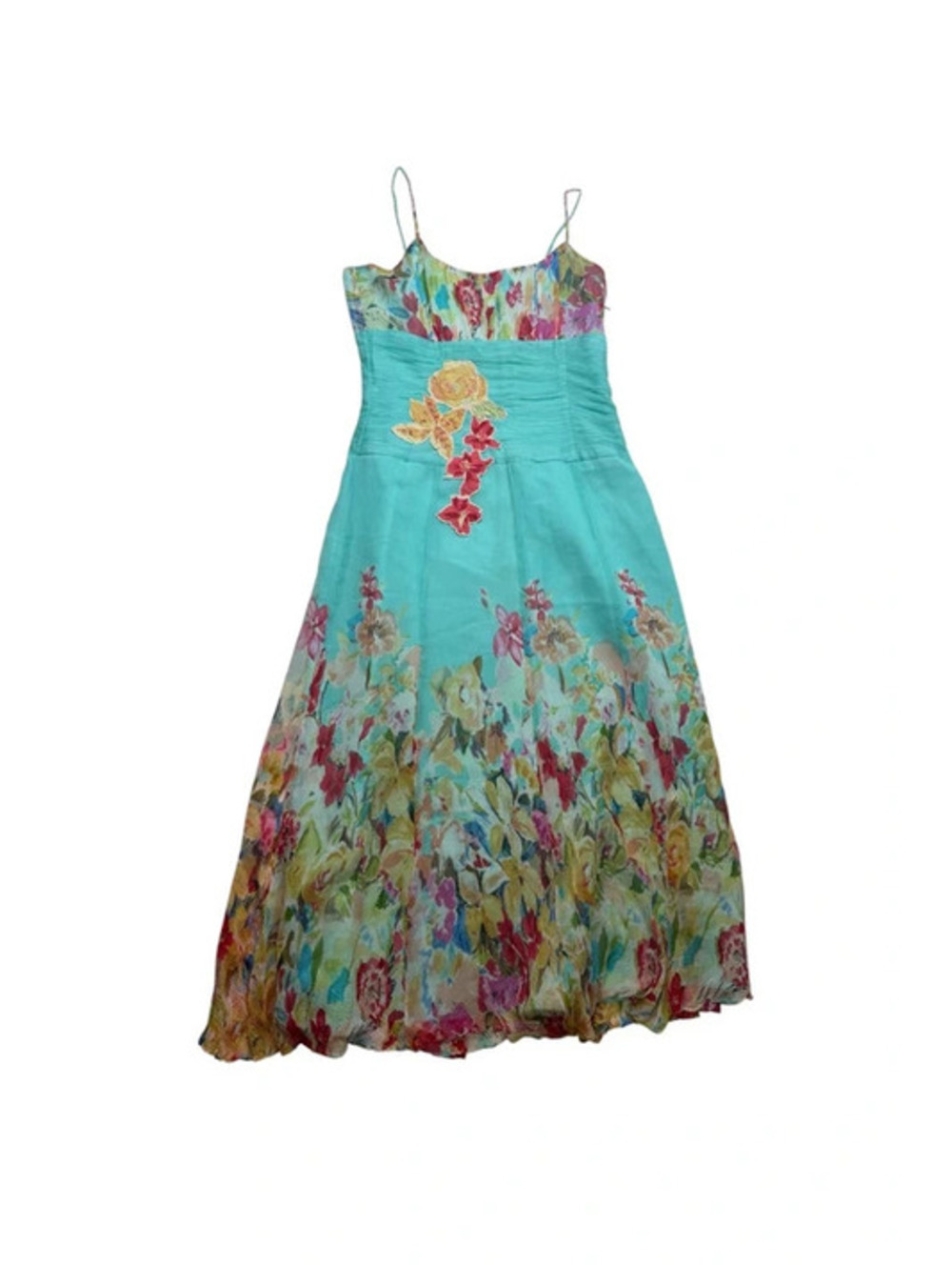 René Derhy Y2K Turquoise Floral Beaded Chiffon Dress & Bolero Set Size S